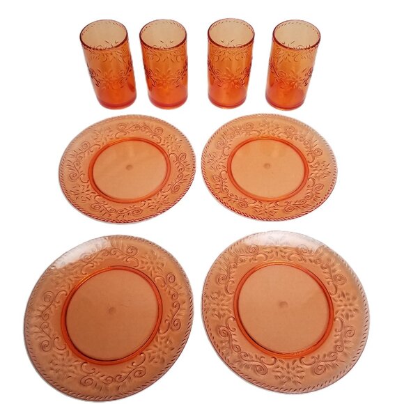 Vintage Plastic Dishes Set 4 Plates Tumblers Orange Embossed Scroll Boho Picnic - Picture 1 of 9